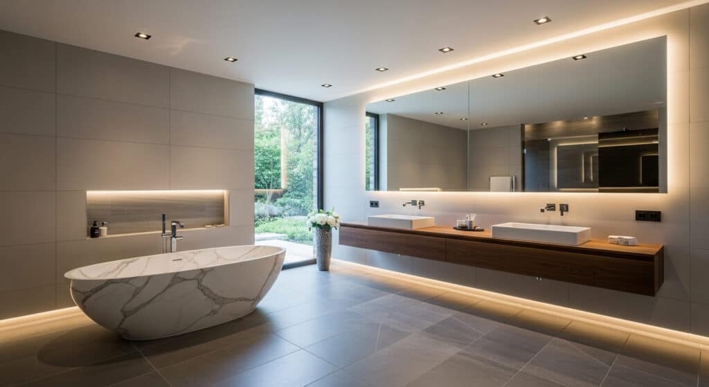 toe kick lighting, modern, bathroom, aging in place
