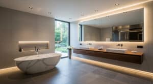 toe kick lighting, modern, bathroom, aging in place